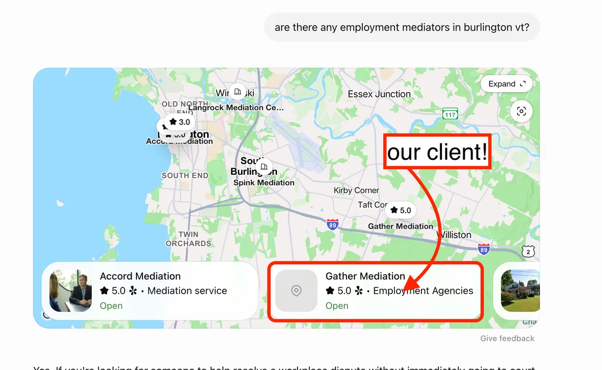 ChatGPT asked for employment mediators in Fort Smith AR and returning Gather Mediation, a Fabio Nass Web Solutions client, in the results